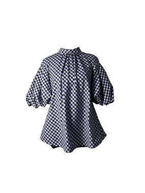 Tish Coz Blue and White Gingham Puff Sleeve Blouse Sz XS retail 315